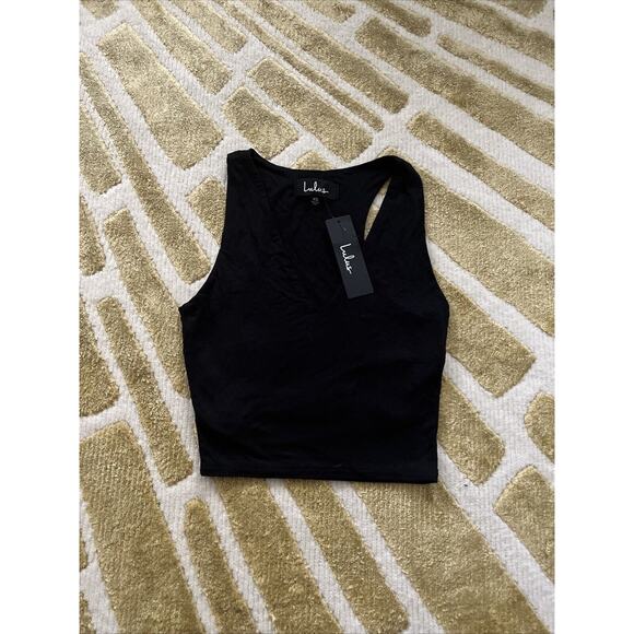 Women's Lulus Basics Deep V Black Sleeveless Crop Tank Top, Lined, Size XS - Picture 1 of 3